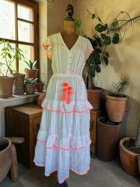 J. Crew White Maxi Dress with Neon Orange Trim and Tassel Detail